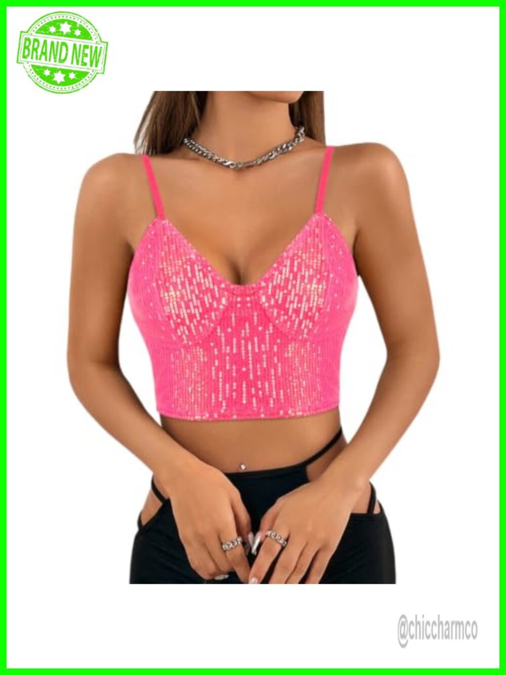 Sequin V-Neck Spaghetti Strap Crop Top Sleeveless Party Clubwear